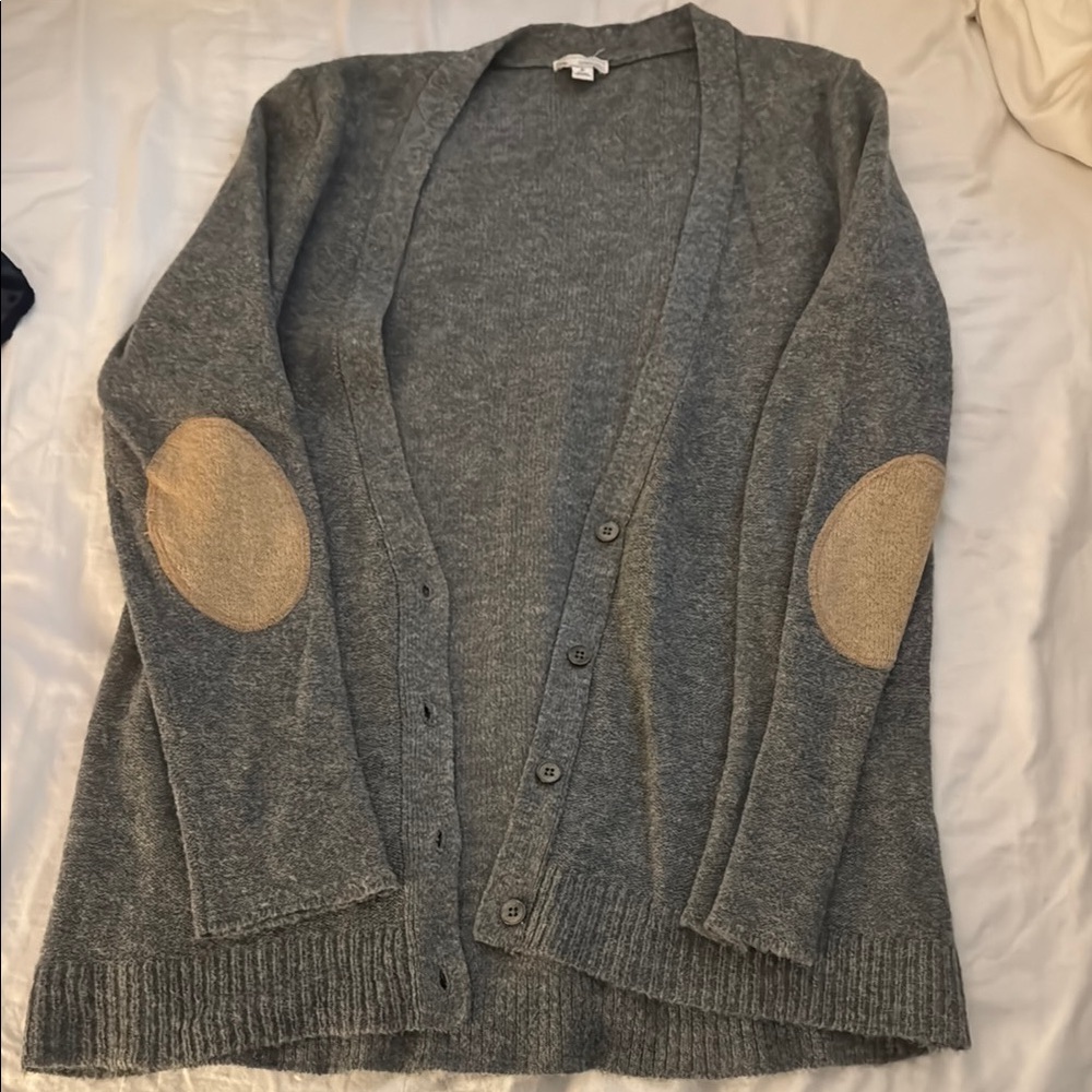 GAP Gray Cardigan with Tan Elbow Patches